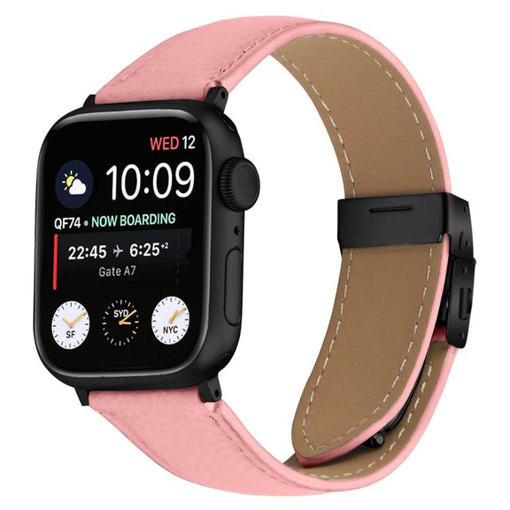 For Apple Watch 42mm / 41mm / 40mm / 38mm Lychee Texture Black Turtle Back Buckle Leather Watch Band(Pink)