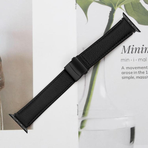 For Apple Watch 42mm / 41mm / 40mm / 38mm Lychee Texture Black Turtle Back Buckle Leather Watch Band(Black)