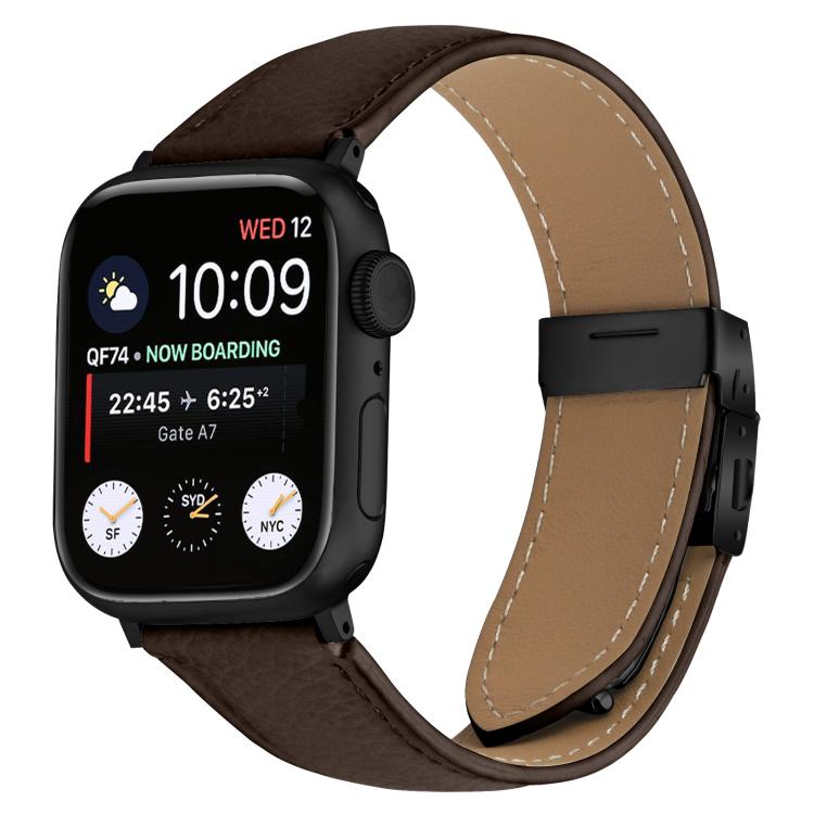 For Apple Watch 42mm / 41mm / 40mm / 38mm Lychee Texture Black Turtle Back Buckle Leather Watch Band(Coffee Color)