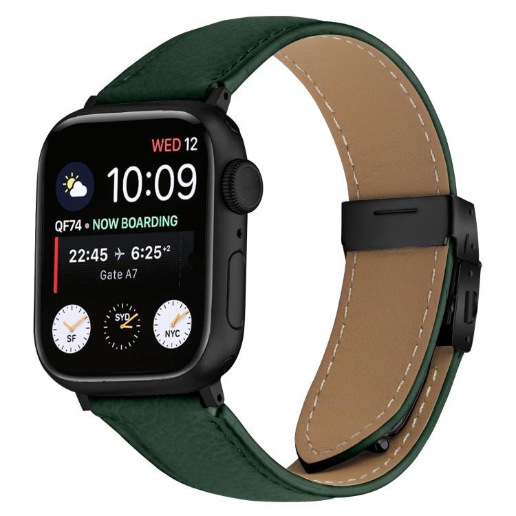 For Apple Watch 42mm / 41mm / 40mm / 38mm Lychee Texture Black Turtle Back Buckle Leather Watch Band(Green)