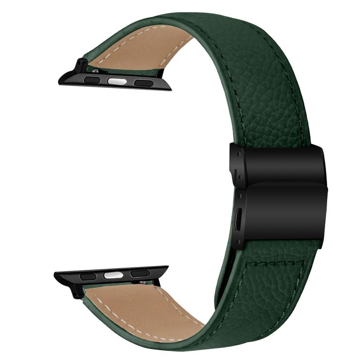 For Apple Watch 42mm / 41mm / 40mm / 38mm Lychee Texture Black Turtle Back Buckle Leather Watch Band(Green)