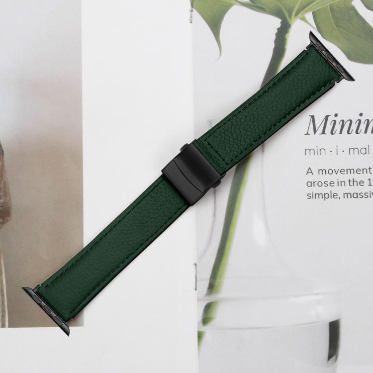 For Apple Watch 42mm / 41mm / 40mm / 38mm Lychee Texture Black Turtle Back Buckle Leather Watch Band(Green)