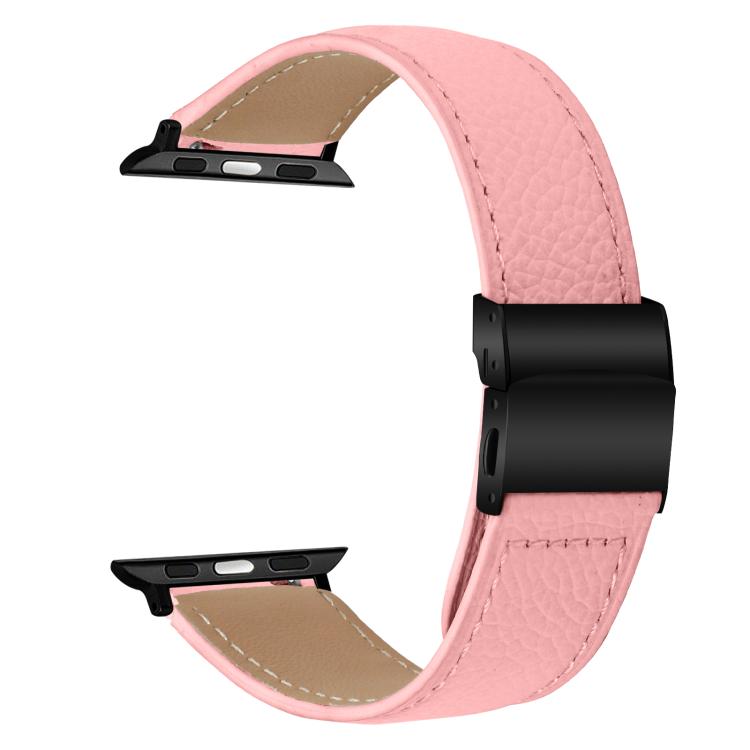 For Apple Watch 46mm / 49mm / 45mm / 44mm Lychee Texture Black Turtle Back Buckle Leather Watch Band(Pink)