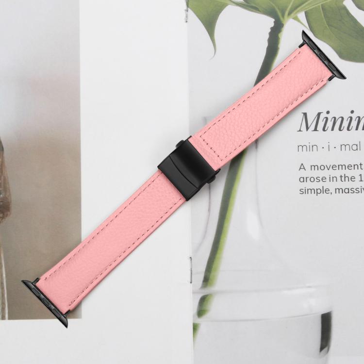 For Apple Watch 46mm / 49mm / 45mm / 44mm Lychee Texture Black Turtle Back Buckle Leather Watch Band(Pink)
