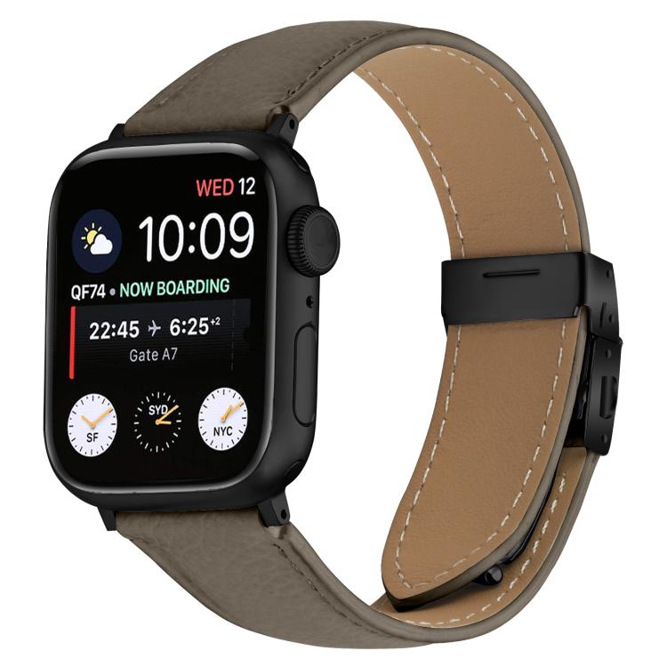 For Apple Watch 46mm / 49mm / 45mm / 44mm Lychee Texture Black Turtle Back Buckle Leather Watch Band(Gray)