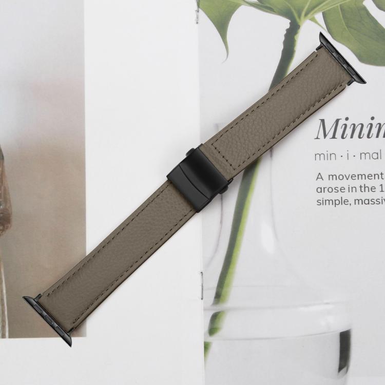For Apple Watch 46mm / 49mm / 45mm / 44mm Lychee Texture Black Turtle Back Buckle Leather Watch Band(Gray)
