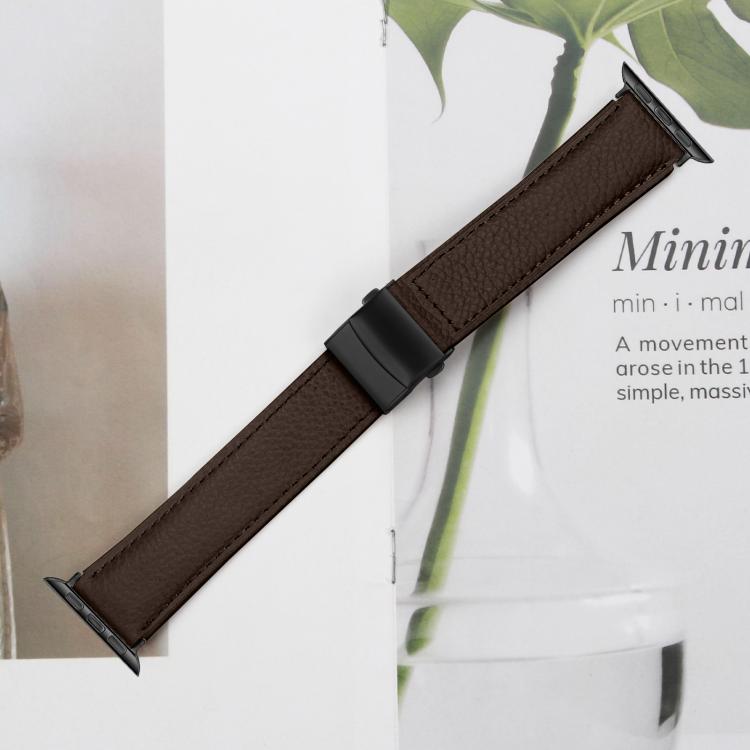 For Apple Watch 46mm / 49mm / 45mm / 44mm Lychee Texture Black Turtle Back Buckle Leather Watch Band(Coffee Color)