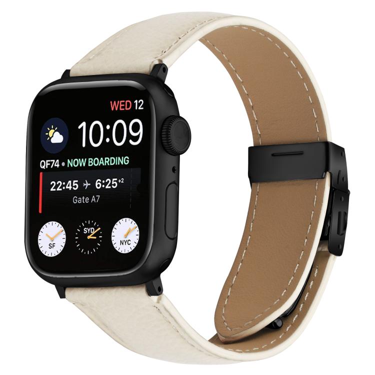For Apple Watch 46mm / 49mm / 45mm / 44mm Lychee Texture Black Turtle Back Buckle Leather Watch Band(Creamy White)