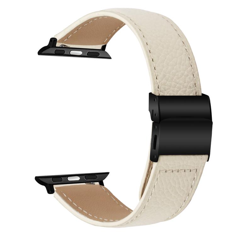 For Apple Watch 46mm / 49mm / 45mm / 44mm Lychee Texture Black Turtle Back Buckle Leather Watch Band(Creamy White)