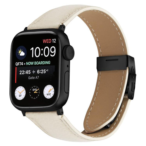 For Apple Watch 46mm / 49mm / 45mm / 44mm Lychee Texture Black Turtle Back Buckle Leather Watch Band(Creamy White)