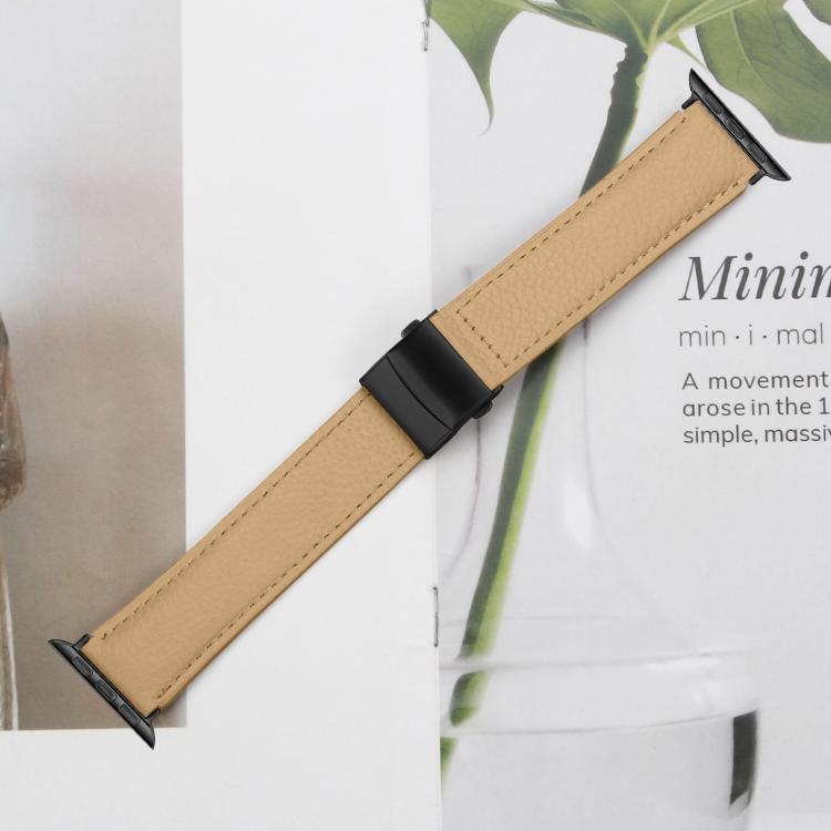 For Apple Watch 46mm / 49mm / 45mm / 44mm Lychee Texture Black Turtle Back Buckle Leather Watch Band(Camel)