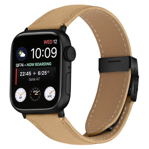 For Apple Watch 46mm / 49mm / 45mm / 44mm Lychee Texture Black Turtle Back Buckle Leather Watch Band(Camel)