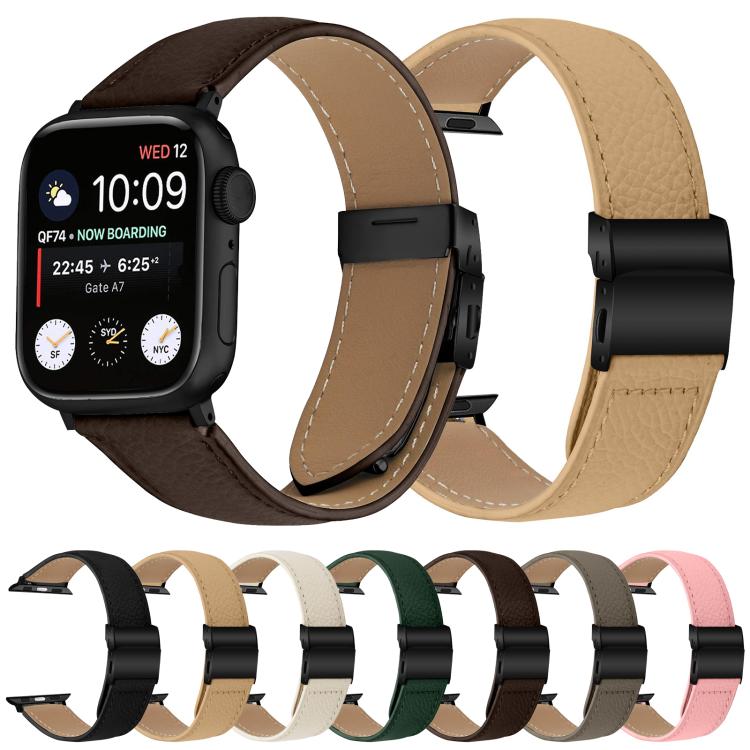 For Apple Watch 46mm / 49mm / 45mm / 44mm Lychee Texture Black Turtle Back Buckle Leather Watch Band(Green)