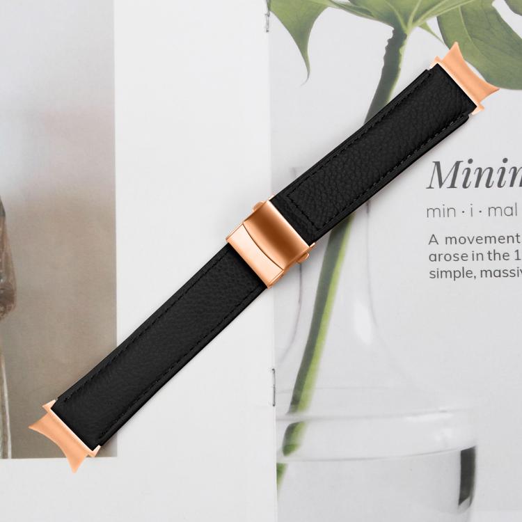 For Samsung Galaxy Watch 7 40 / 44mm Lychee Texture Rose Gold Turtle Back Buckle Leather Watch Band(Black)