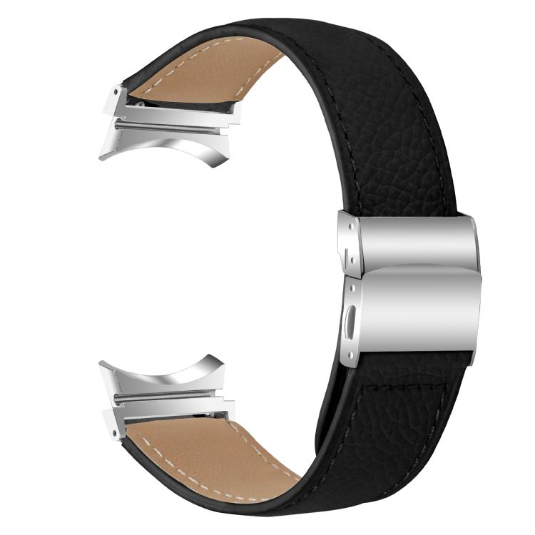 For Samsung Galaxy Watch 7 40 / 44mm Lychee Texture Silver Turtle Back Buckle Leather Watch Band(Black)