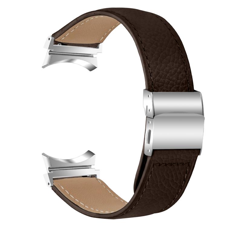 For Samsung Galaxy Watch 7 40 / 44mm Lychee Texture Silver Turtle Back Buckle Leather Watch Band(Coffee Color)