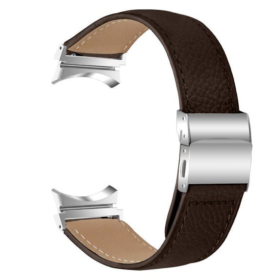 For Samsung Galaxy Watch 7 40 / 44mm Lychee Texture Silver Turtle Back Buckle Leather Watch Band(Coffee Color)