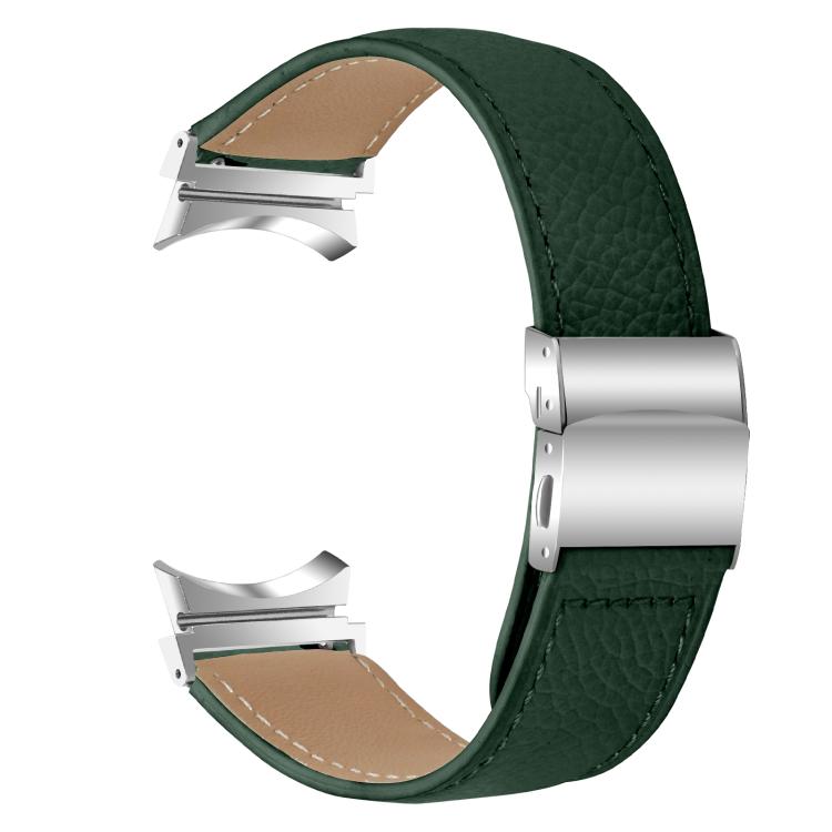 For Samsung Galaxy Watch 7 40 / 44mm Lychee Texture Silver Turtle Back Buckle Leather Watch Band(Green)