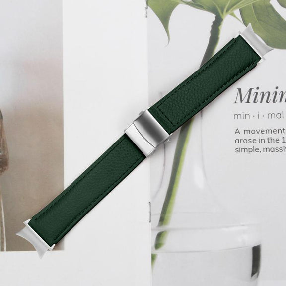 For Samsung Galaxy Watch 7 40 / 44mm Lychee Texture Silver Turtle Back Buckle Leather Watch Band(Green)
