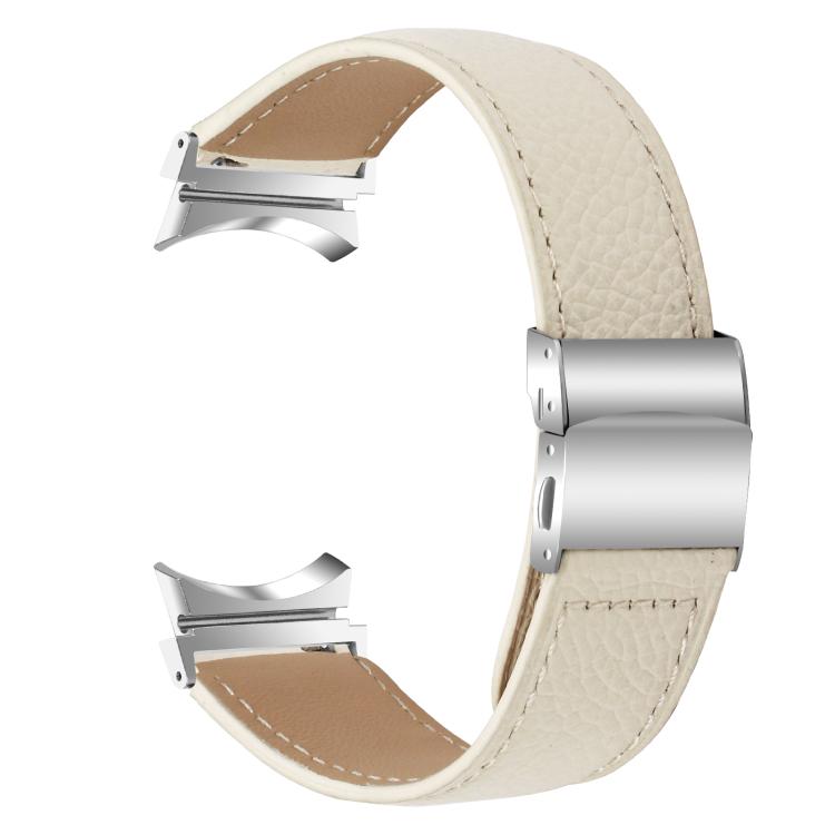 For Samsung Galaxy Watch 7 40 / 44mm Lychee Texture Silver Turtle Back Buckle Leather Watch Band(Creamy White)