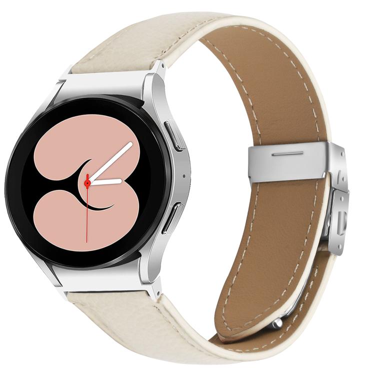 For Samsung Galaxy Watch 7 40 / 44mm Lychee Texture Silver Turtle Back Buckle Leather Watch Band(Creamy White)