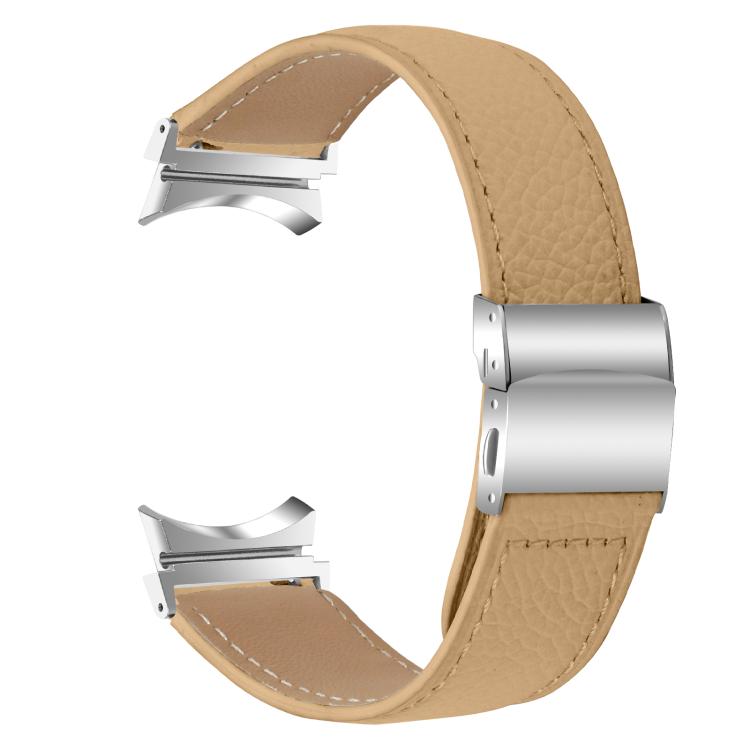 For Samsung Galaxy Watch 7 40 / 44mm Lychee Texture Silver Turtle Back Buckle Leather Watch Band(Camel)