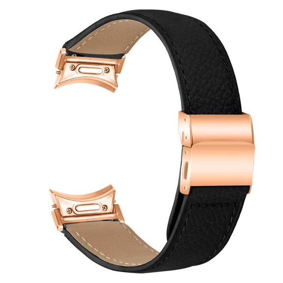 For Samsung Galaxy Watch 7 40 / 44mm Quick Release Lychee Texture Rose Gold Turtle Back Buckle Leather Watch Band(Black)