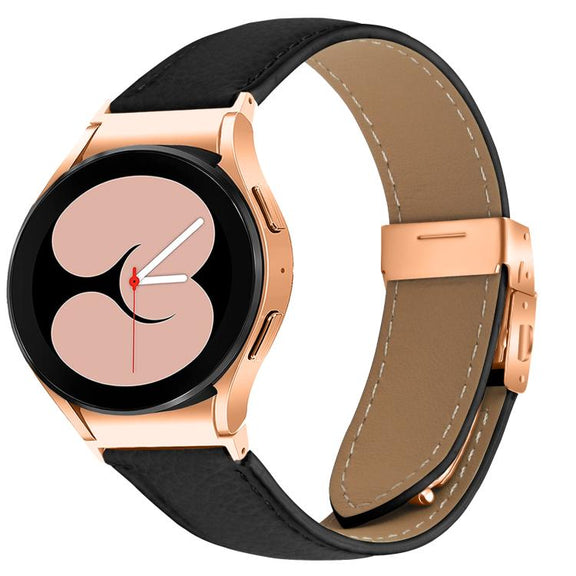 For Samsung Galaxy Watch 7 40 / 44mm Quick Release Lychee Texture Rose Gold Turtle Back Buckle Leather Watch Band(Black)
