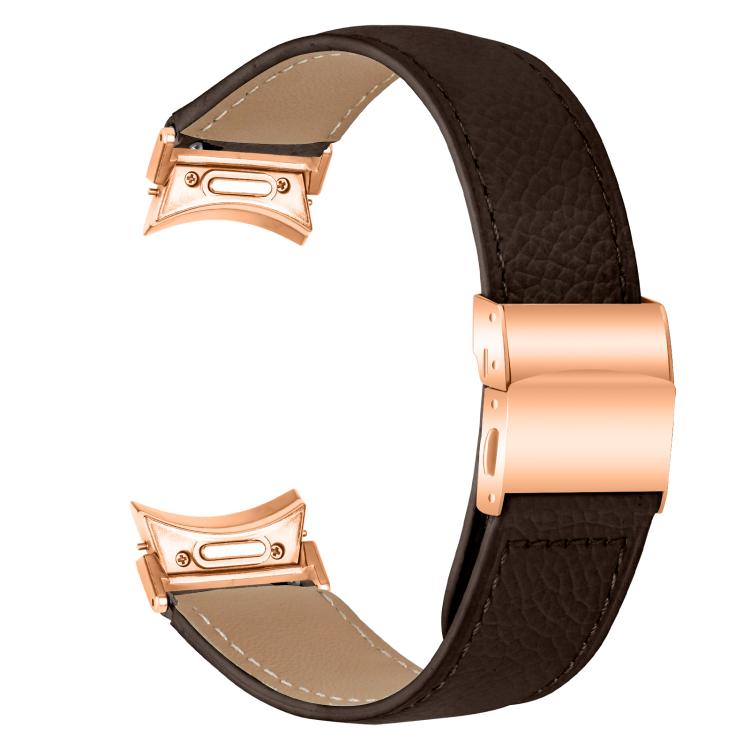 For Samsung Galaxy Watch 7 40 / 44mm Quick Release Lychee Texture Rose Gold Turtle Back Buckle Leather Watch Band(Coffee Color)
