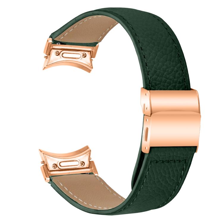 For Samsung Galaxy Watch 7 40 / 44mm Quick Release Lychee Texture Rose Gold Turtle Back Buckle Leather Watch Band(Green)