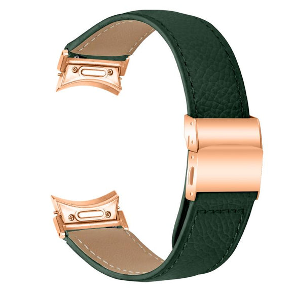 For Samsung Galaxy Watch 7 40 / 44mm Quick Release Lychee Texture Rose Gold Turtle Back Buckle Leather Watch Band(Green)