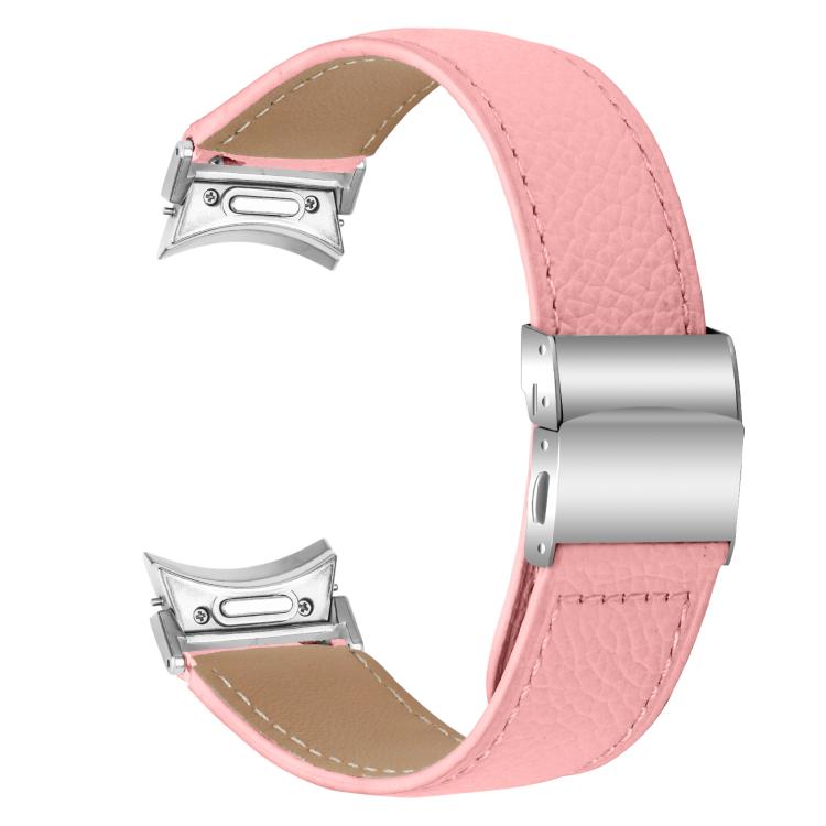 For Samsung Galaxy Watch 7 40 / 44mm Quick Release Lychee Texture Silver Turtle Back Buckle Leather Watch Band(Pink)