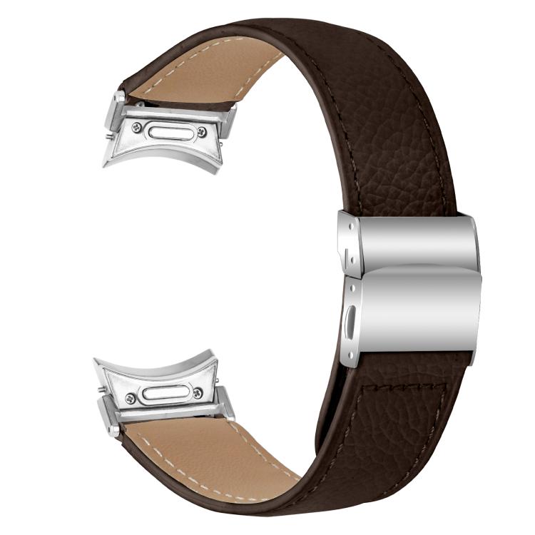 For Samsung Galaxy Watch 7 40 / 44mm Quick Release Lychee Texture Silver Turtle Back Buckle Leather Watch Band(Coffee Color)