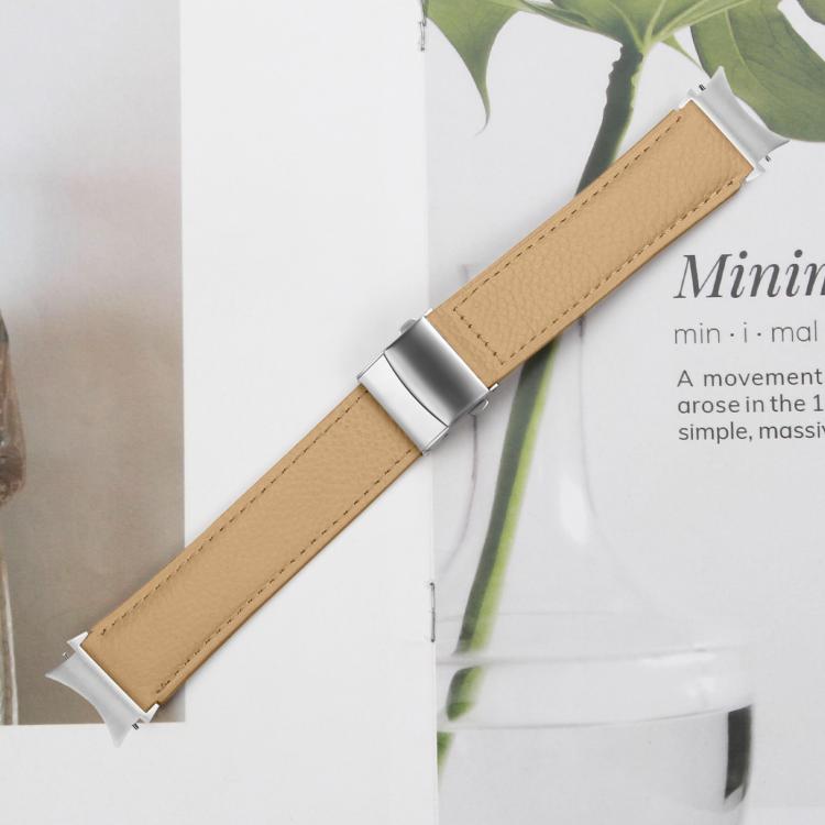 For Samsung Galaxy Watch 7 40 / 44mm Quick Release Lychee Texture Silver Turtle Back Buckle Leather Watch Band(Camel)