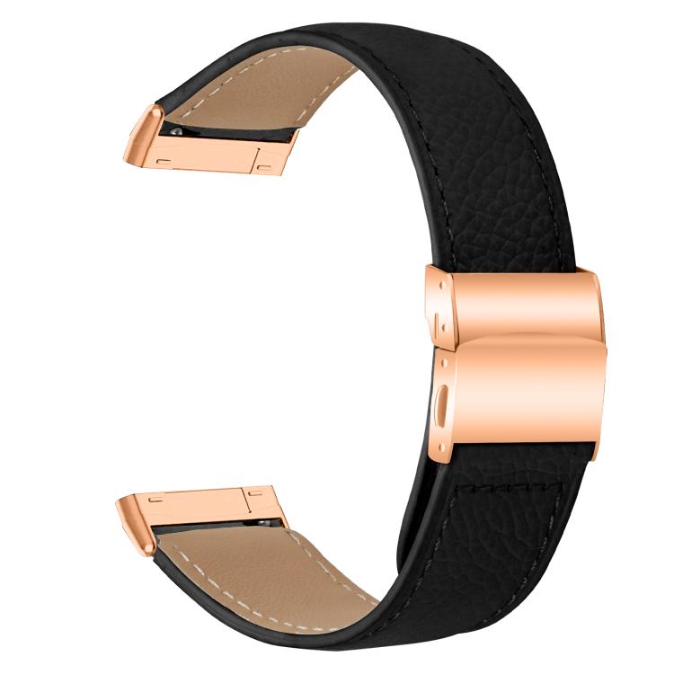 For Fitbit Versa 3 / 4 Lychee Texture Rose Gold Turtle Back Buckle Leather Watch Band(Black)