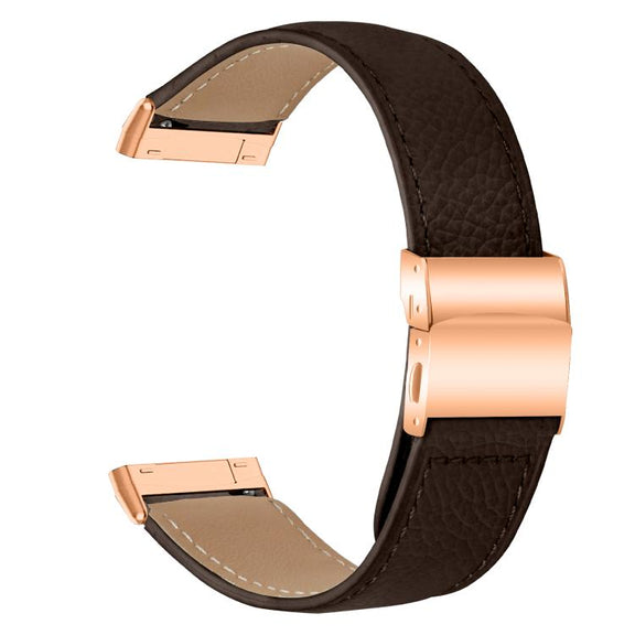 For Fitbit Versa 3 / 4 Lychee Texture Rose Gold Turtle Back Buckle Leather Watch Band(Coffee Color)