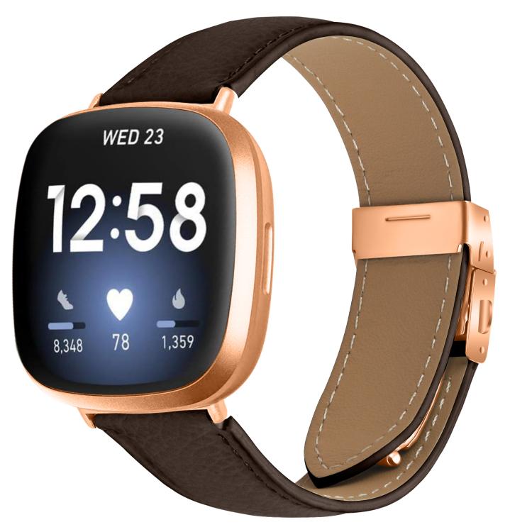 For Fitbit Versa 3 / 4 Lychee Texture Rose Gold Turtle Back Buckle Leather Watch Band(Coffee Color)