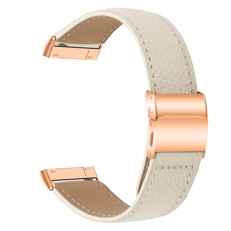 For Fitbit Versa 3 / 4 Lychee Texture Rose Gold Turtle Back Buckle Leather Watch Band(Creamy White)