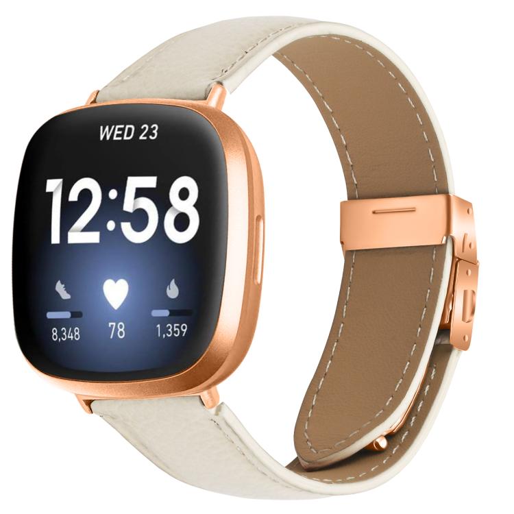 For Fitbit Versa 3 / 4 Lychee Texture Rose Gold Turtle Back Buckle Leather Watch Band(Creamy White)