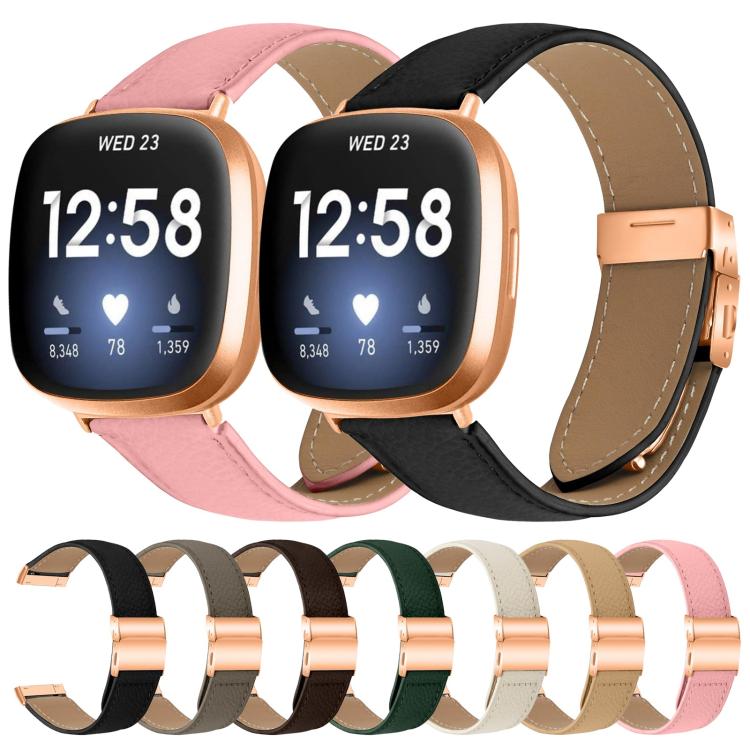 For Fitbit Versa 3 / 4 Lychee Texture Rose Gold Turtle Back Buckle Leather Watch Band(Coffee Color)