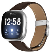 For Fitbit Versa 3 / 4 Lychee Texture Silver Turtle Back Buckle Leather Watch Band(Coffee Color)