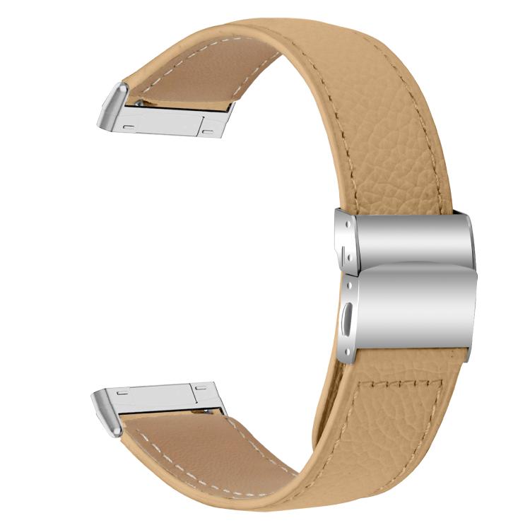 For Fitbit Versa 3 / 4 Lychee Texture Silver Turtle Back Buckle Leather Watch Band(Camel)