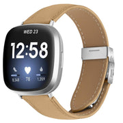 For Fitbit Versa 3 / 4 Lychee Texture Silver Turtle Back Buckle Leather Watch Band(Camel)
