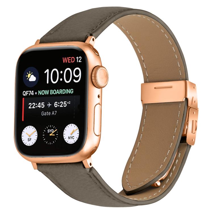 For Apple Watch 46mm / 49mm / 45mm / 44mm Lychee Texture Rose Gold Turtle Back Buckle Leather Watch Band(Gray)