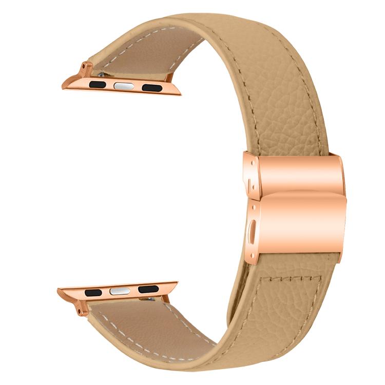 For Apple Watch 46mm / 49mm / 45mm / 44mm Lychee Texture Rose Gold Turtle Back Buckle Leather Watch Band(Camel)