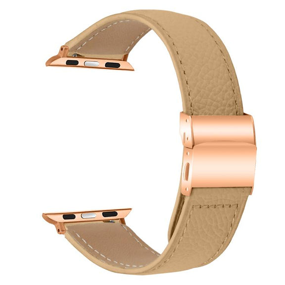 For Apple Watch 46mm / 49mm / 45mm / 44mm Lychee Texture Rose Gold Turtle Back Buckle Leather Watch Band(Camel)