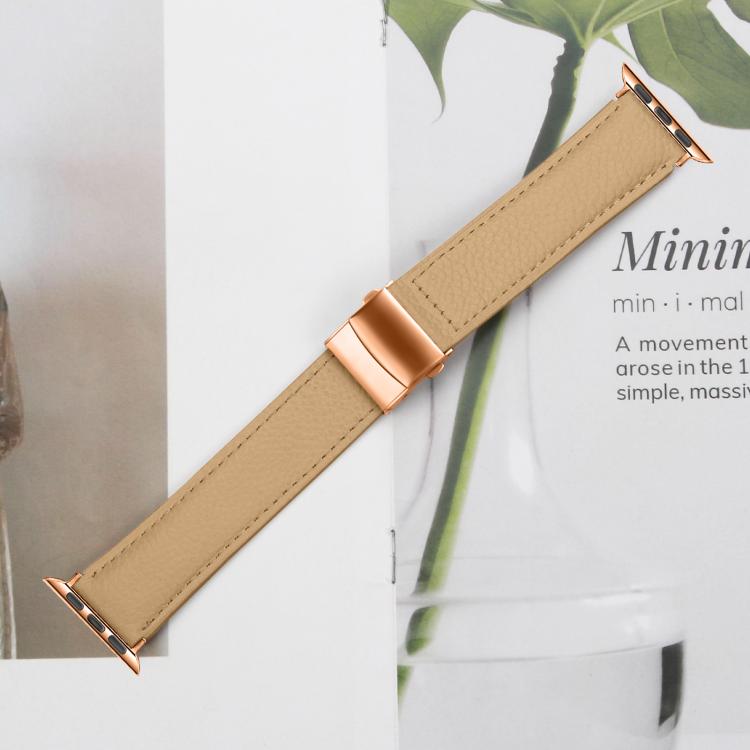 For Apple Watch 46mm / 49mm / 45mm / 44mm Lychee Texture Rose Gold Turtle Back Buckle Leather Watch Band(Camel)
