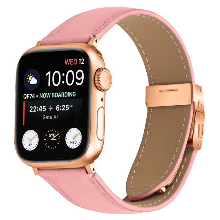 For Apple Watch 42mm / 41mm / 40mm / 38mm Lychee Texture Rose Gold Turtle Back Buckle Leather Watch Band(Pink)