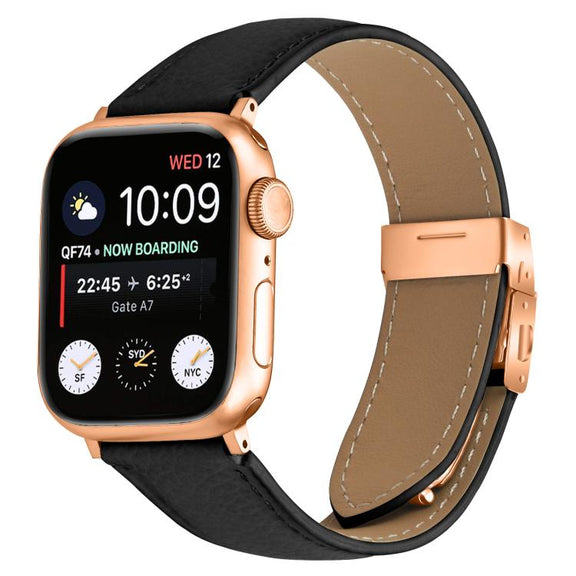 For Apple Watch 42mm / 41mm / 40mm / 38mm Lychee Texture Rose Gold Turtle Back Buckle Leather Watch Band(Black)
