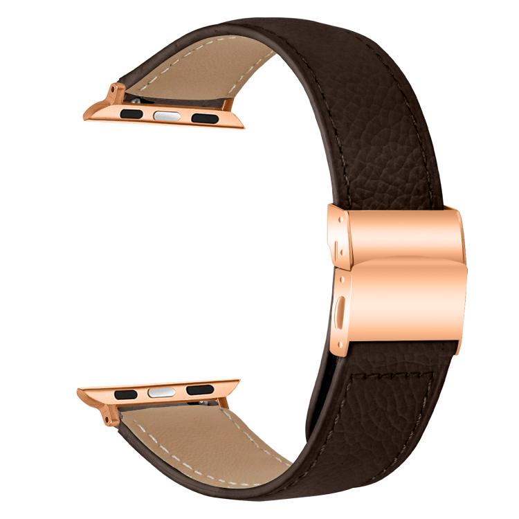 For Apple Watch 42mm / 41mm / 40mm / 38mm Lychee Texture Rose Gold Turtle Back Buckle Leather Watch Band(Coffee Color)